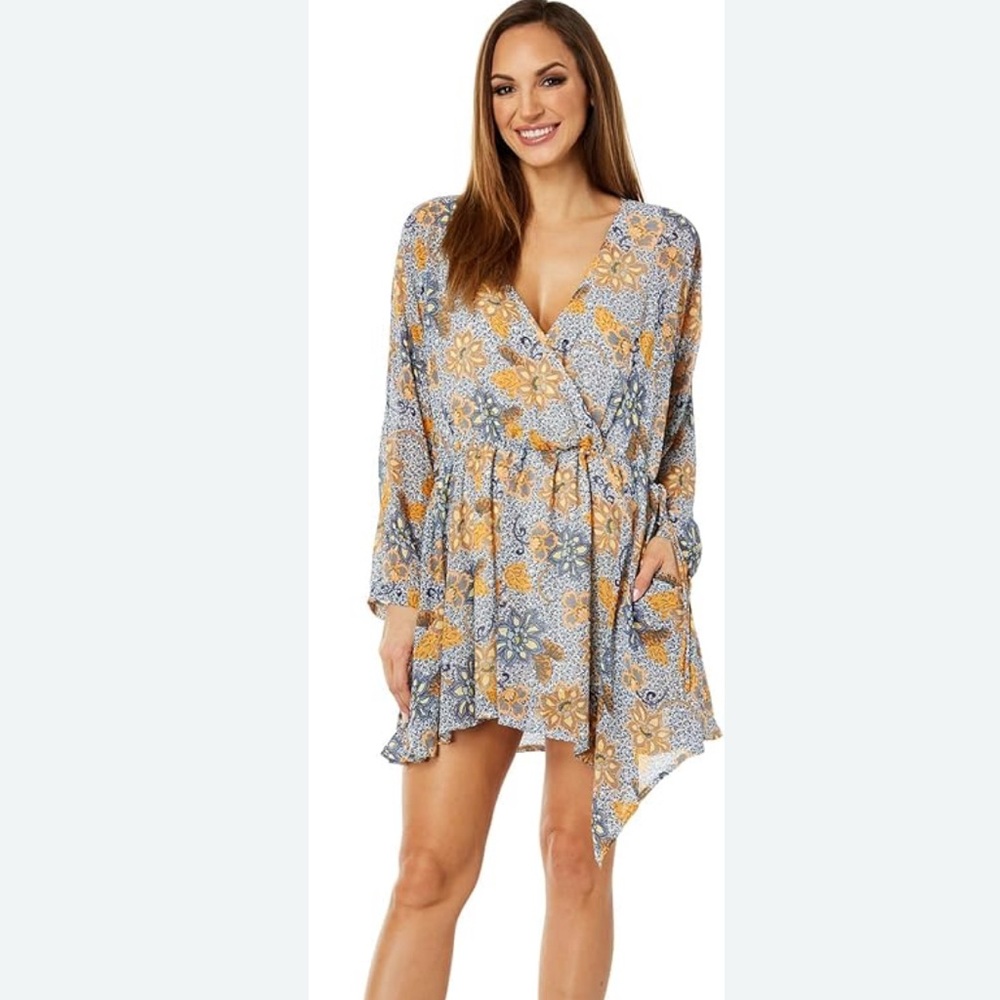Free People Women's Sky Combo Floral Teegan Long Sleeve Mini Dress Size …